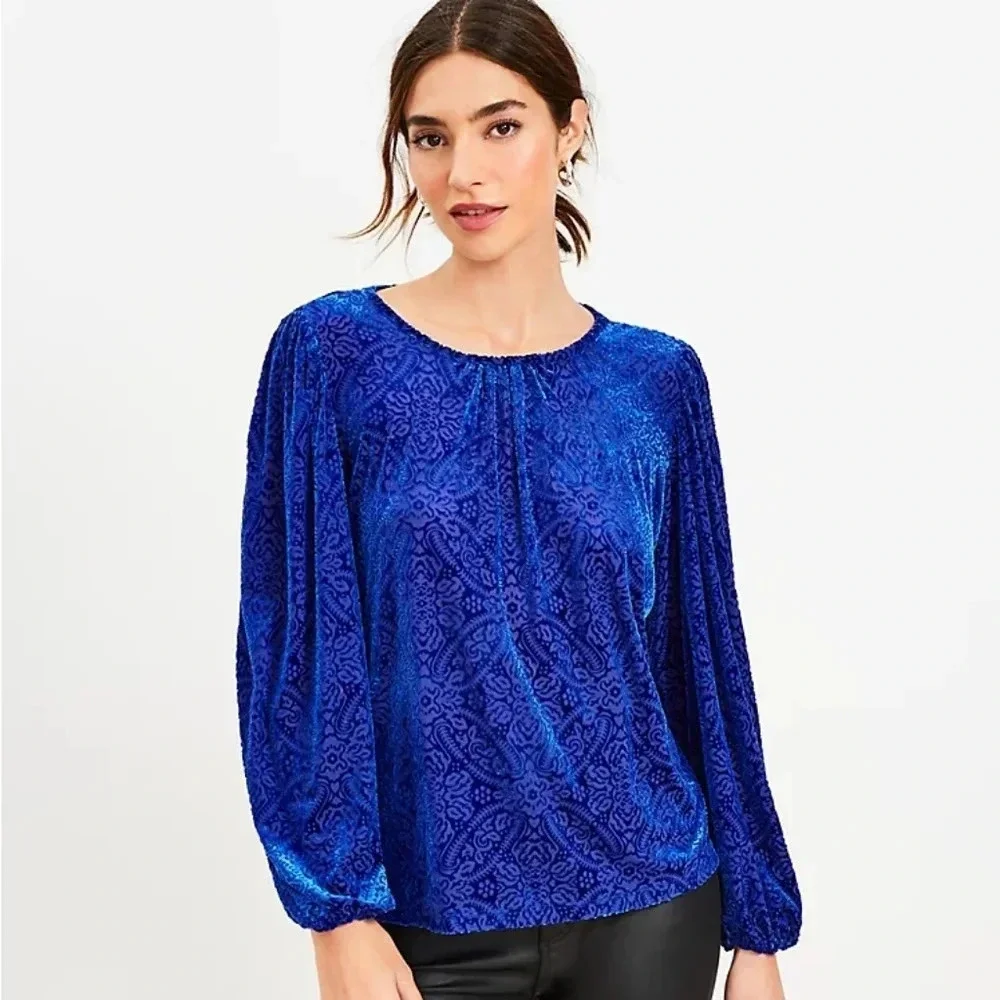 NWT LOFT Mosaic Cozy Velour Top, Cinderella Blue Size M